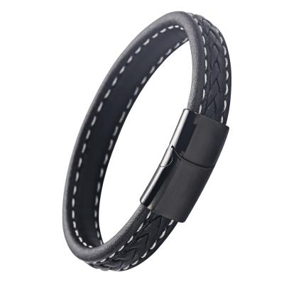 China FASHIONABLE Trendy Grid Texture Stainless Steel Bracelet Leather Men Magnetic Buckle Men Women Retailer Wholesale Jewelry for sale