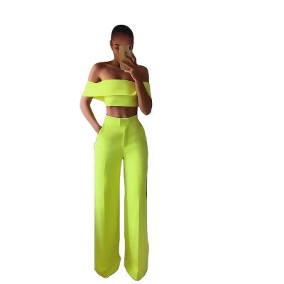 China LF98066 MOEN Anti-Wrinkle Women's Pants & Trousers Fashion One-Shoulder Top Wide Leg Wide Leg 2 Piece Pants Set for sale