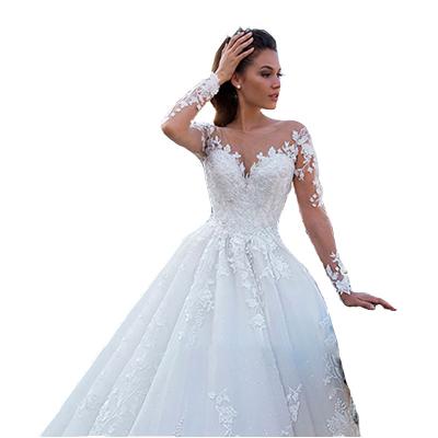 China Other 2021 European and American long-sleeved foreign trade wedding dress large tail new wedding dress retro American sexy V-neck Tulle for sale