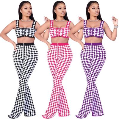 China QUICK DRY Summer Women Custom Fits 2 Piece Plaid Zipper Crop Top Set Women Dress Sexy Fashion Pants Two Piece Set for sale