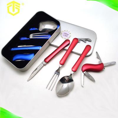 China Durable Multifunctional Portable Outdoor Folding Tableware Stainless Steel Knife Spoon Fork With Pocket Knife for sale