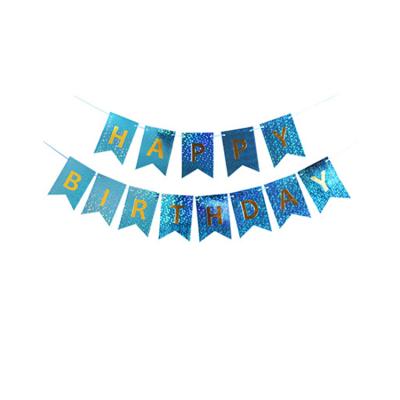 China Party Props Birthday Party Needs 12cm*17cm Blue Laser Happy Birthday Shiny Paper Banner for sale