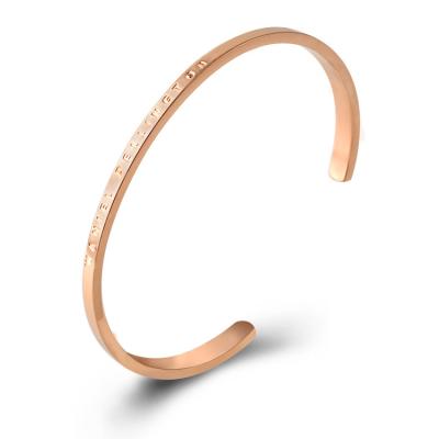 China Customize Wide 316L Stainless Steel Rose Gold Plated Personalized Letter Logo Engraved Cuff Bangle for sale