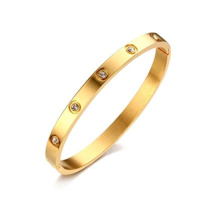 China Bridal Shower Gift Jewelry Women's 18K Gold Plated Inlay Diamond Bangle Stainless Steel Bracelet for sale