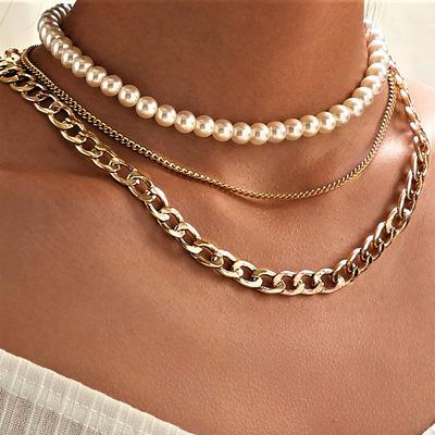 China High Shiny Polished Gold Simple Design Clavicle Chain Multilayer Necklace Fashion Pearl Chain Choker Necklaces Wholesale For Women for sale