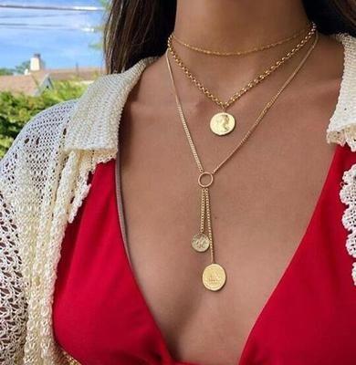 China High Beautiful Fashion Shiny Polished Gold Plated Thin Chain Necklace Round Portrait Joint Pendant Multilayer Clavicular Chain Necklace For Women for sale