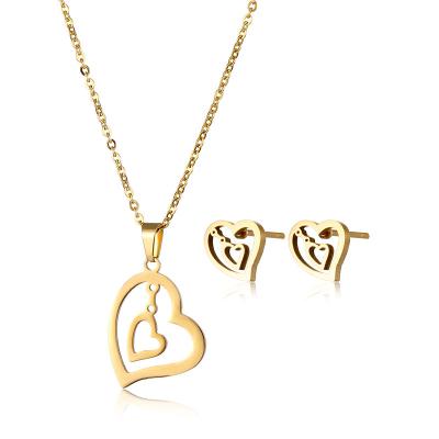 China Environmental Friendly Fashion Korean Jewelry Set Cute Love Heart Gold Stainless Steel Necklace Earring Set For Women for sale