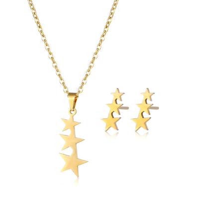 China FASHIONABLE Hot Sale Designs Star Gold Stainless Steel Triple Chain Necklace Stud Earring Jewelry Set For Girls for sale