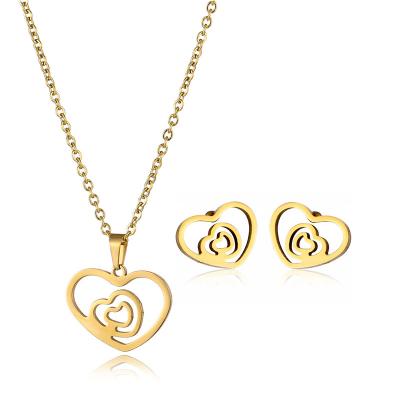 China Environmental Friendly Sensitive Gold Plated Triple Hollowed Heart Shaped Stud Earring Necklace Set For Women for sale