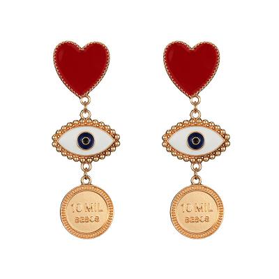 China New Arrival Trendy Evil Eyes Heart Gold Coin Shaped Dangle Earrings Statement Drop Earrings For Women Girls for sale