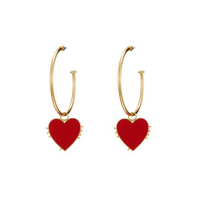 China FASHIONABLE Statement Red Heart Bohemia Style Dangling Circle With Gold Round Big C Shaped Earrings For Women for sale