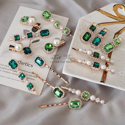 China New Arrival Eco-Friendly Fashion Bling Trendy Green Crystal Rhinestone Pearl Hairpin Barrette Bobby Pin Hair Clips For Women Girls for sale