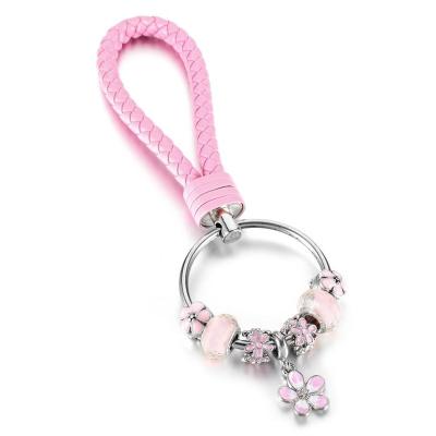 China Europe High Quality Pink Braided Rope Key Chain DIY Enamel Bead Stainless Steel Car Key Chain for sale