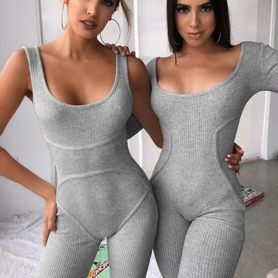 China Breathable Casual Sportswear Knit Bodycon Biker Short Sleeveless Sexy U Neck Rompers Women Slim One Piece Overalls for sale