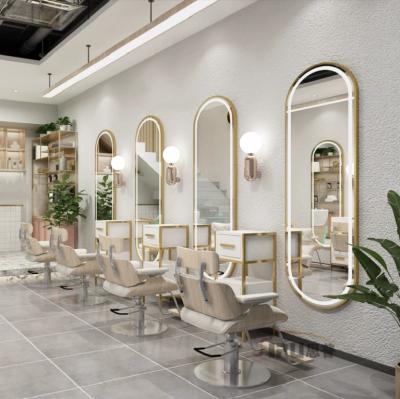 China Gold View Stainless Steel Salon Equipment Modern Full Wall Large Gold Hair Salon Station Led Mirror for sale