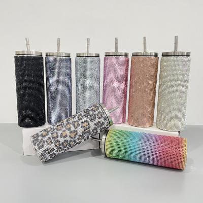 China 20Oz Crystal Skinny Straight Rhinestone Bling Disposable Double Walled Colorful Diamond Stainless Steel 20Oz Tumbler ab for sale