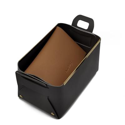 China - Customize Household Leather Foldable Skincare Storage Basket Office Storage Box Cosmetic Finished Storage Basket With Handle for sale