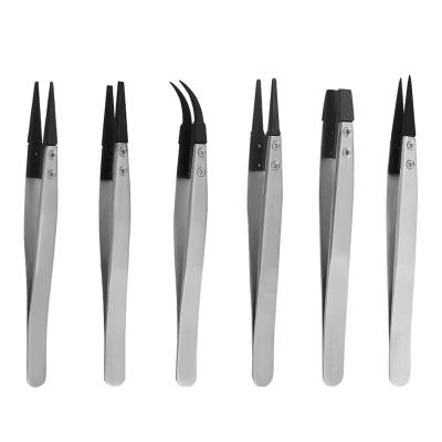 China Non-ESD Rated High Quality Anti-Static Tweezers with Flatted Stainless Steel Body Carbon Fiber Conductive Plastic Replaceable Tips for sale