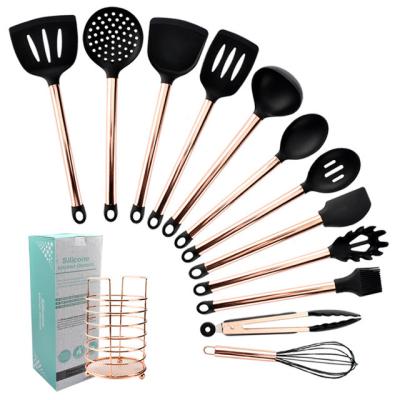 China Viable Food Grade Professional Standard 10 Pieces Rose Gold Copper Stainless Steel Kitchen Utensil Silicone Handle Set For Kitchen for sale