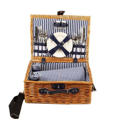 China Eco-Friendly 2 Person Picnic Wicker Basket With Cutlery Tablecloth Tableware Blue Coating Outdoor Basket for sale