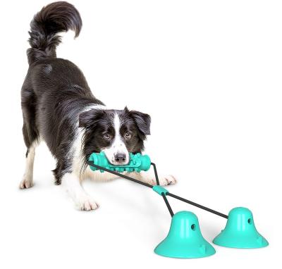 China Sustainable Multifunction Interactive Double Teeth-Cleaning Suction Cup Self-Playing Food Dispensing Rubber Ball Chew Dog Tug Rope Toy for sale