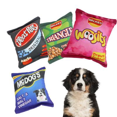 China Sustainable stuffed chips snackes soft interactive canvas plush squeaky pet dog toys for sale