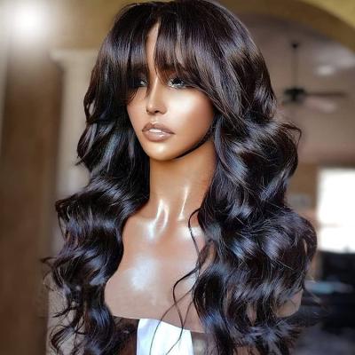 China Body Wave Glueless Bang Brazilian Hd Wavy Curly Wigs Lace Up Virgin Hair Wigs With Bangs for sale