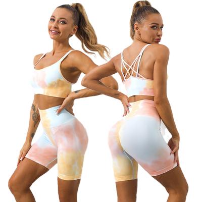 China Breathable Ladies Workout Fitness Tie Dye Printing Yoga Suit Clothing Set Custom Gym Clothing Women Fitness Sports Yoga Wear Shorts Set for sale