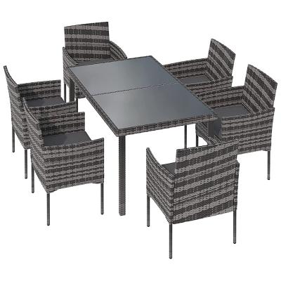 China Weather Resistant Gray Garden Dining Table 7 Pieces And Chairs Outdoor Rattan Furniture Set With Rectangular Glass Top Waterproof Wicker Rattan for sale