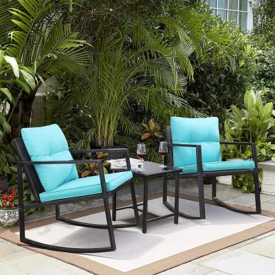 China Weather Resistant 3 Pieces Rocking Wicker Bistro Set, Outdoor Patio Furniture Conversation Sets With Porch Chairs And Glass Coffee Table for sale