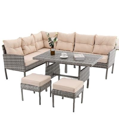 China Eco-friendly\UV Resistant\Water Proof\Weather Resistant Luxury 6 Pieces Garden Rattan Dining Furniture Set With Stool And Sofa Set For Balcony And Backyard for sale