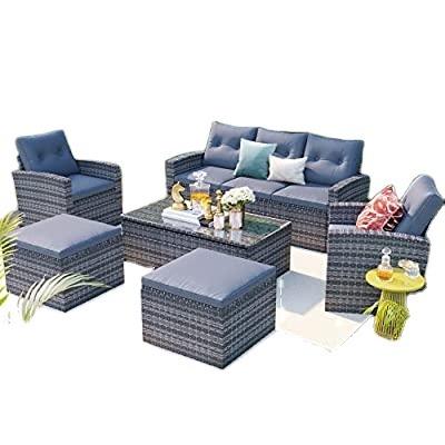 China Eco-friendly\UV Resistant\Water Proof\Weather Resistant 6 PCS Outdoor Patio Conversation Sets All Weather PE Sectional Furniture with Coffee Table and Stools for sale