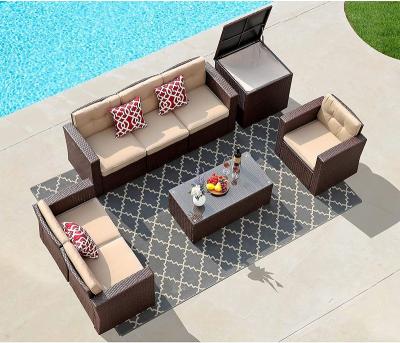 China Eco-friendly\UV Resistant\Water Proof\Weather Resistant Wicker Rattan 8 Pieces Sofa Set Garden Conversation Sectional Sets With Storage Box, Coffee Table For Indoor And Outdoor for sale