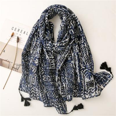 China Retro Ethnic Lady Viscous Voile Shawl And Scarves Navy Style Women Scarf Wraps For Spring Autumn Outdoor Lightweight Hijab for sale