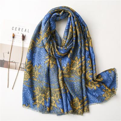 China 2020 New Winter Fashion Women's Viscous Scarf Bandana Female Designer Hijab Cotton Scarf Blue Floral Shawls And Wraps for sale