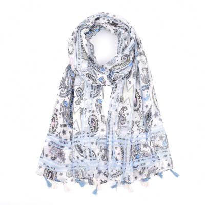 China Wholesale 2020 Newest Women Squishy Printed Shawl Style Tassel Print Abstract Ethnic Blue Cashew Print Lady Scarf Accessories for sale