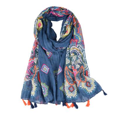 China 2019 Hot Sale Wholesale Cotton Ladies Large Scarf 180x90cm Floral Print Tassel Squishy Blue Women Others Scarves for sale