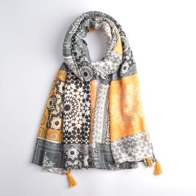 China Hot Selling 2020 Wholesale Cotton Print Polyester Scarf Fashion Vintage Block Pattern Aztec Yellow Tassel Print Indian Scarf For Woman for sale