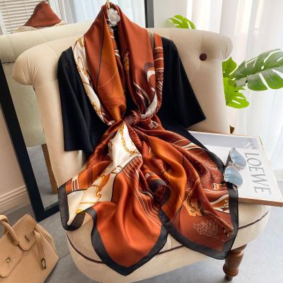 China Luxury brand chiffon ladies spring and numeral chain painted shawl pashmina lady silk long summer scarf shawl for sale