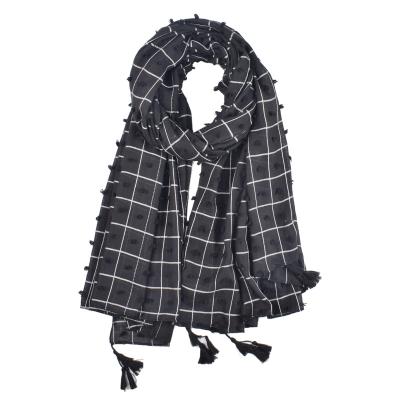 China 2019 Wholesale 2019 Hot Sell Polyester Plain Tassel Fashion Hijab Muslim Pom Pom Plaid Checked Big Women Interesting Solid Color Scarf for sale