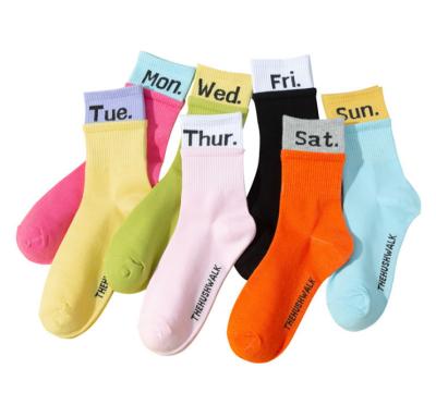 China QUICK DRY custom logo candy color letter cute woman dress socks funky funny OEM cotton character women socks with logo for sale