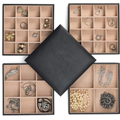 China Handmade PU Leather Jewelry Organizer Tray Set for Earring Ring Necklace Velvet Jewelry Divider Display Storage Stackable Jewelry Tray for sale