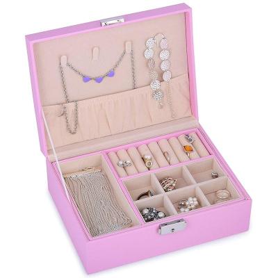 China Viable Custom Large Capacity PU Leather Ring Necklace Earring Jewelry Box Organizer With Lock For Girls for sale