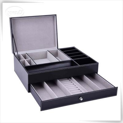 China Jewelry Package Fashion Double 2 Layer Mirror Jewelry Storage Box PU Leather Jewelry Box for sale