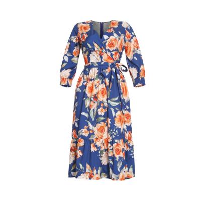 China Women's Casual Loose Swing Shift Dress Anti-wrinkle V-Neck Floral Print Bouquet Long Sleeve Dress Size Bestseller for sale