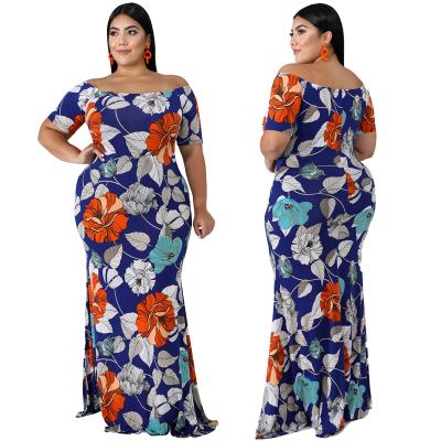 China New Printed Plus Size Anti-Static Off-the-Shoulder Ruffled Ladies Tight-Fitting Dress for sale