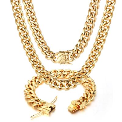 China Environmental Friendly 2023 New QZK Stainless Steel Men 18K PVD Miami Gold Link Chain Necklace Gold Cuban Chain for sale