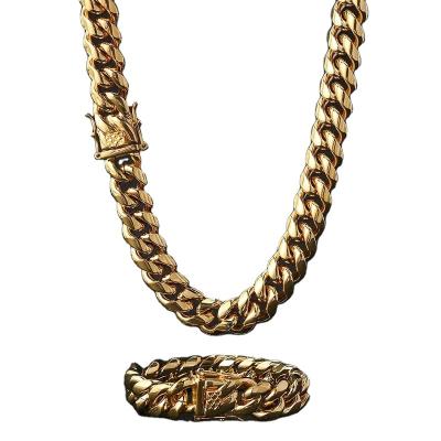 China Environmental Friendly 2023 New QZK Hip Hop Men Jewelry Stainless Steel Necklace Chain 18K Gold Plated Miami Cuban Link Choker Necklace for sale