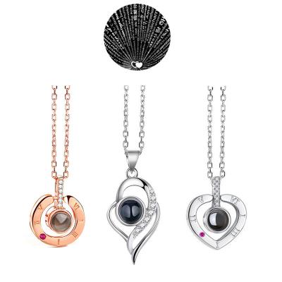 China CLASSIC New Stainless Steel Rose Gold/silver 100 Languages I Love You Projection Pendant Necklace Romantic Love Memory Wedding Necklace for sale