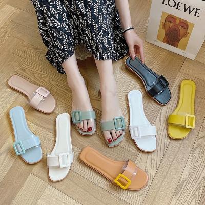 China Cushioning 2023 QZK women's summer new straight transparent square buckle wear flat bottom leisure beach Straight sandals for sale